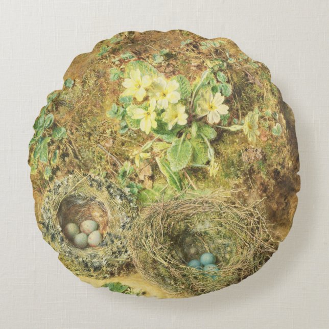 Primroses and Birds' Nests Round Pillow (Front)