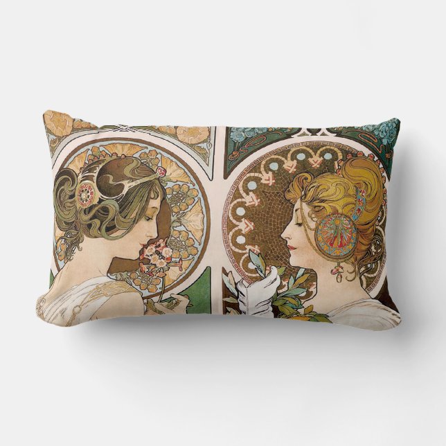Primroses and Feather, Mucha Lumbar Pillow (Front)
