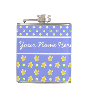 Primroses Hip Flask: Personalize: Polka Dots, Blue Flask