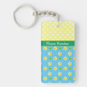 Primroses on Blue, Yellow, White Polka Dots Keychain