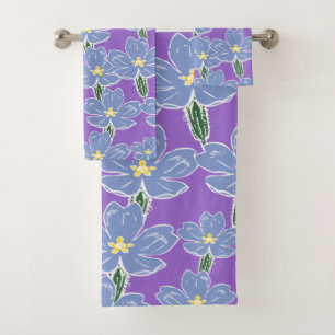 Primroses Pattern in Amethyst Colour Bath Towel Set
