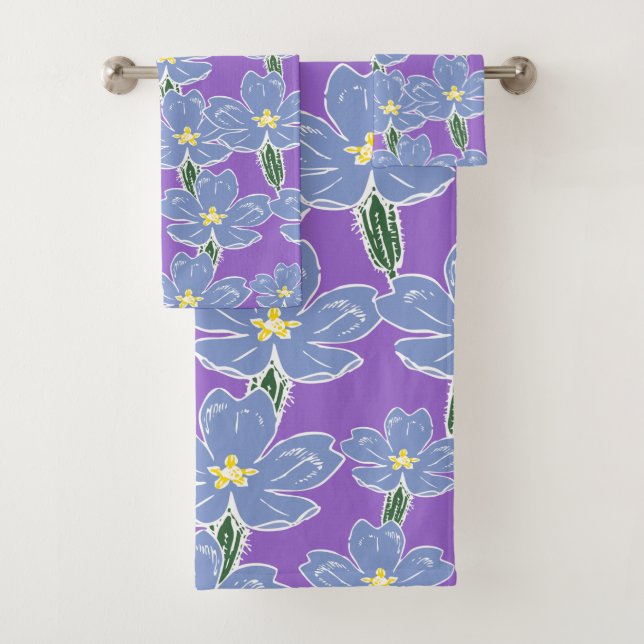 Primroses Pattern in Amethyst Colour Bath Towel Set (Insitu)