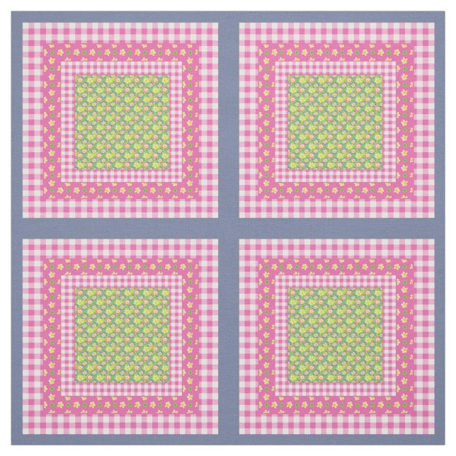 Primroses Pink Blue Green Faux Patchwork Pattern Fabric (Swatch)