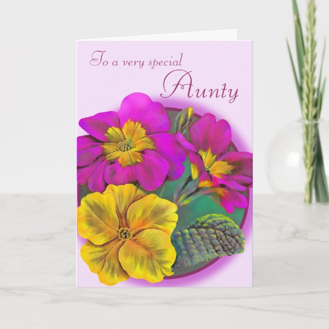 Primula Aunty floral pink purple birthday card (Front)