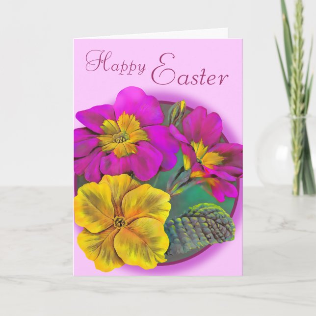 Primula Happy Easter pink and yellow flower card (Front)