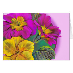 Primula primrose pink yellow spring art card