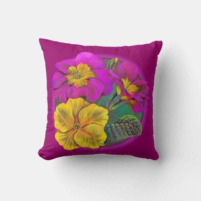 Primula violet et jaune d'art lancer oreiller (Recto)