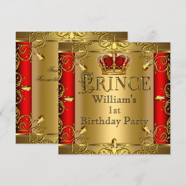 Prince 1st Birthday Boy Red Gold Crown 2 Invitation (Front/Back)