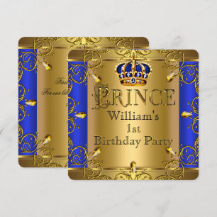 Prince 1st Birthday Boy Royal Blue Gold Crown Invitation
