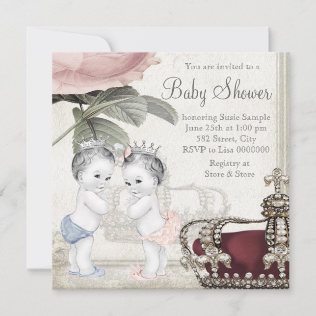 Prince and Princess Twin Baby Shower Invitation (Front)