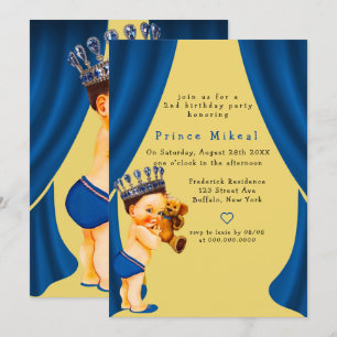 Prince and Teddy Bear Blue Gold Birthday Party Invitation