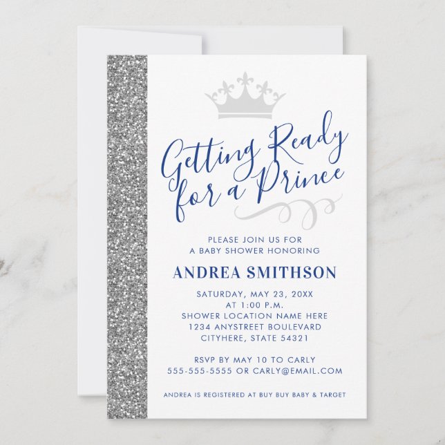 Prince Baby Boy Shower Invitation Modern Silver (Front)