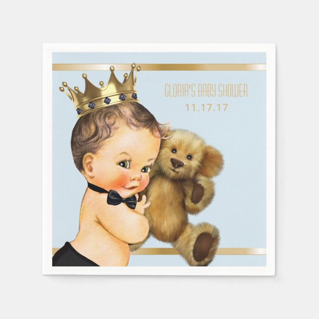 Prince Baby Boy Shower Personalized Baby Blue Gold Napkin (Front)