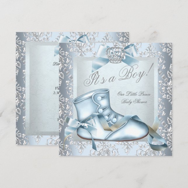 Prince Baby Shower Baby Boy Blue Damask Shoe 4E Invitation (Front/Back)