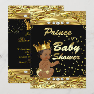 Prince Baby Shower Black Gold Sprinkle Ethnic Invitation
