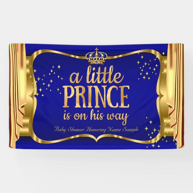 Prince Baby Shower Blue Gold Crown Drapes Banner (Horizontal)