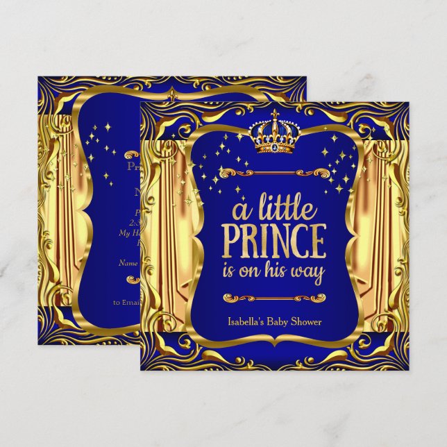 Prince Baby shower Boy Blue Gold Invitation (Devant / Derrière)