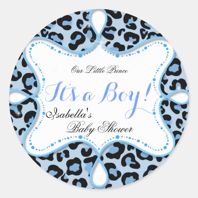 Prince Baby Shower Boy Blue Leopard Classic Round Sticker (Front)