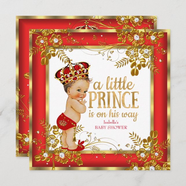 Prince Baby Shower Boy Red Gold White Brunette Invitation (Front/Back)