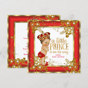 Prince Baby Shower Boy Red Gold White Brunette Invitation