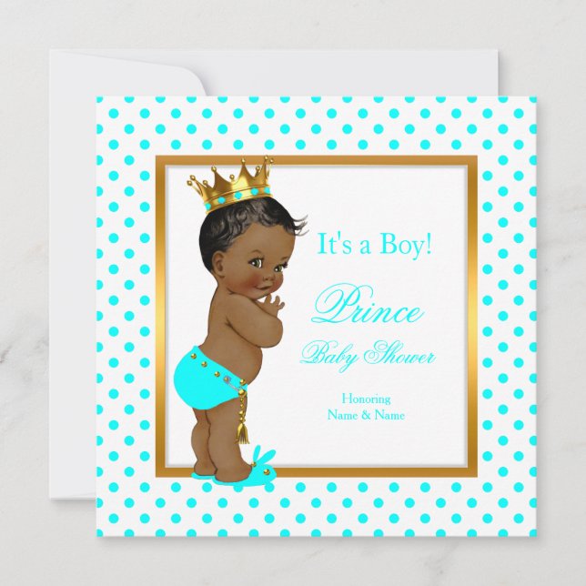Prince Baby Shower Boy Teal Polka Dot Ethnic Invitation (Front)