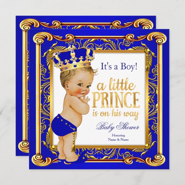Prince Baby Shower Damask Blue Gold Blonde Boy Invitation (Front/Back)