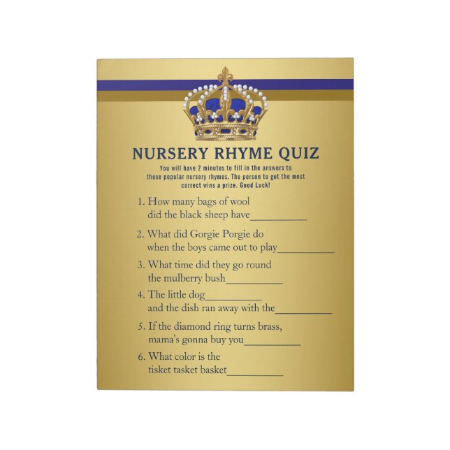 Prince Baby Shower Games Prince Nursery Rhyme Quiz Notepad (Rotated)