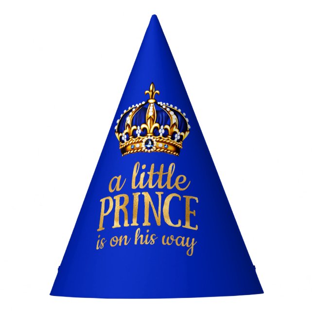 Prince Baby Shower Gold Crown Royal Blue Party Hat (Front)