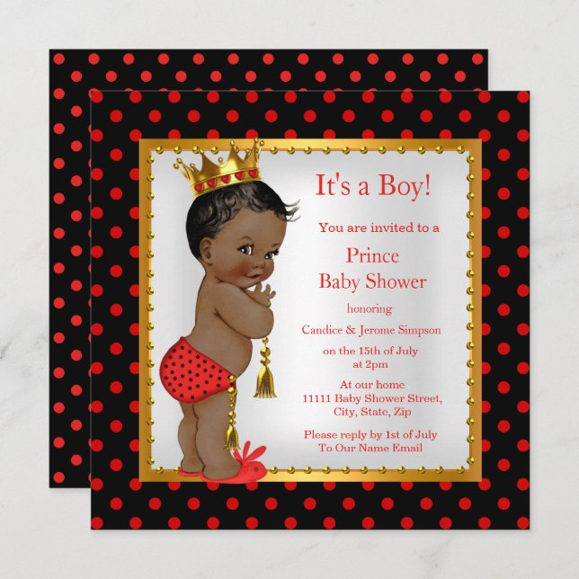 Prince Baby Shower Red Gold Black Boy Ethnic Invitation (Front/Back)