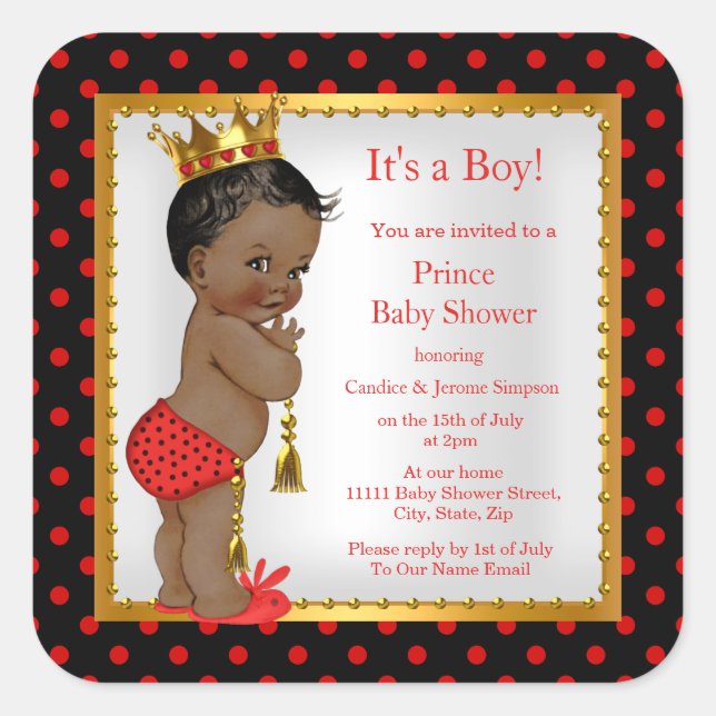 Prince Baby Shower Red Gold Black Boy Ethnic Square Sticker (Front)
