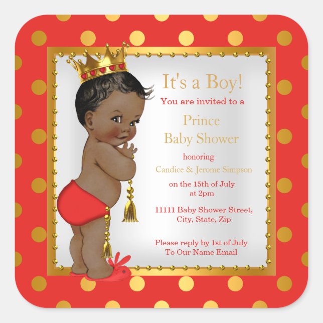 Prince Baby Shower Red Gold Boy Ethnic Square Sticker (Front)