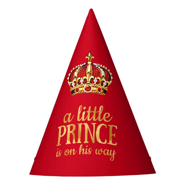Prince Baby Shower Red Gold Crown Party Hat (Front)