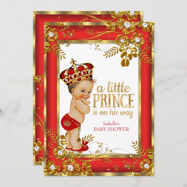 Prince Baby Shower Red Gold White Brunette Boy Invitation (Front/Back)