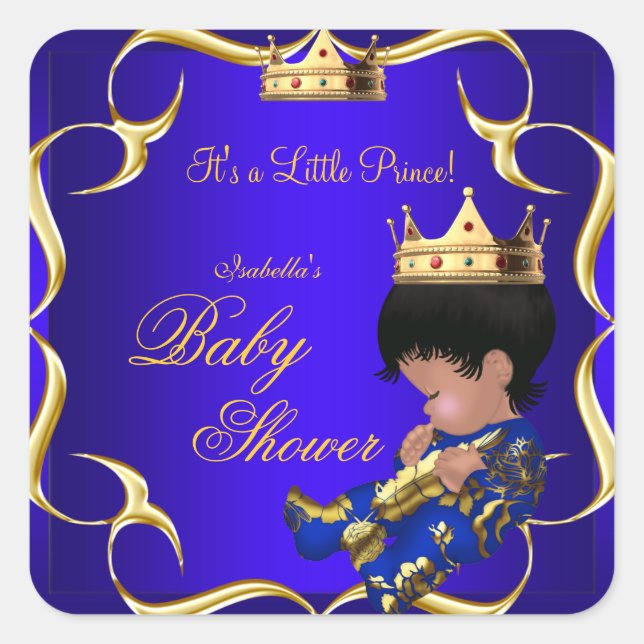 Prince Baby Shower Royal Blue Gold Boy Crown 3 Square Sticker (Front)