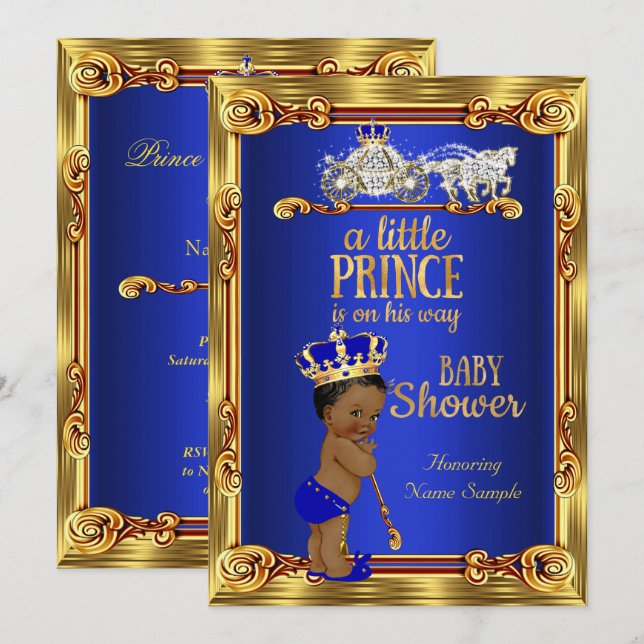 Prince Baby Shower Royal Blue Gold Carriage Ethnic Invitation (Front/Back)
