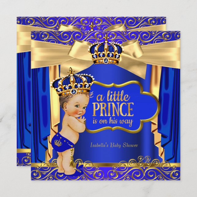 Prince Baby Shower Royal Blue Gold Drapes Brunette Invitation (Front/Back)