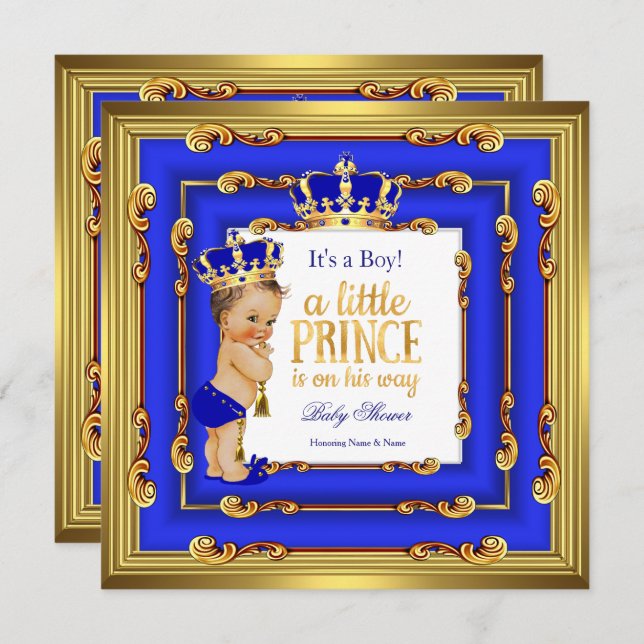 Prince Baby Shower Royal Blue Gold Frame Brunette Invitation (Front/Back)