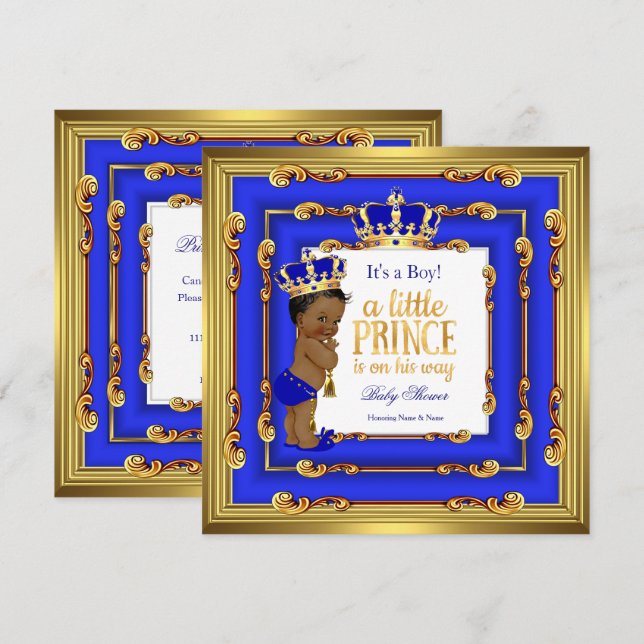 Prince Baby Shower Royal Blue Gold Frame Ethnic Invitation (Front/Back)