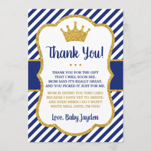 Prince Baby Shower Thank You Card   Blue and Gold