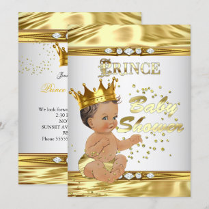 Prince Baby Shower White Gold Foil Brunette Invitation