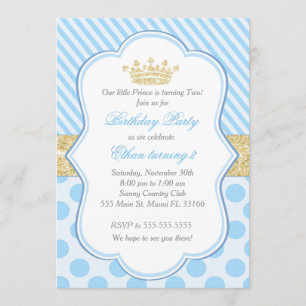Prince Birthday Party Invitation Blue Gold Glitter