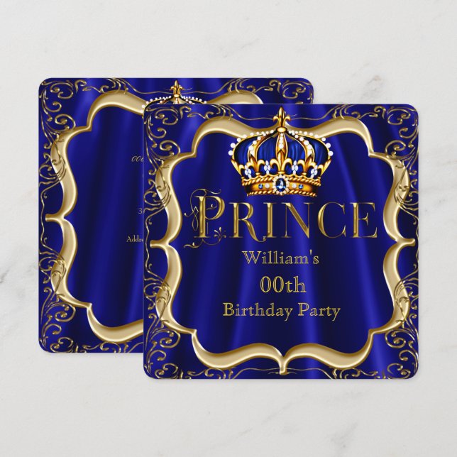 Prince Birthday Royal Blue Gold Crown Mens 2 Invitation (Front/Back)
