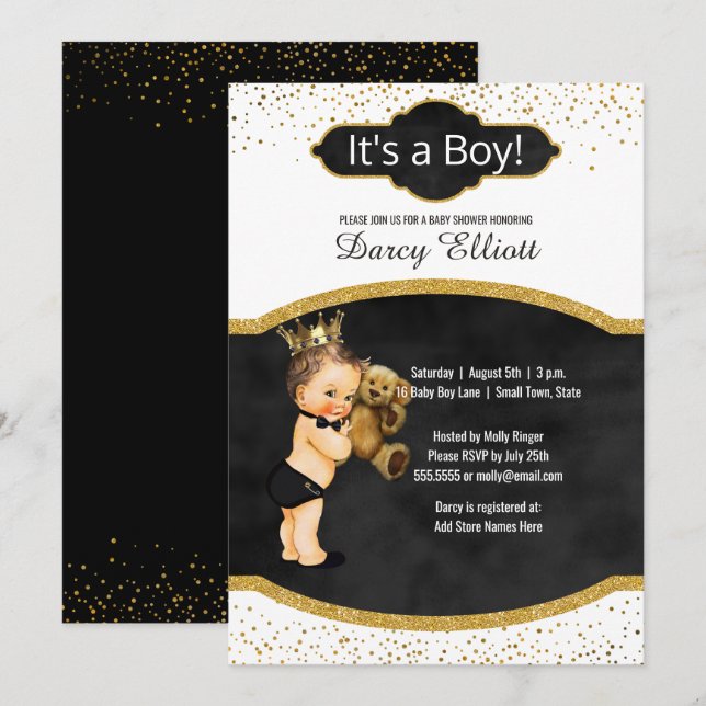Prince Boy Baby Shower | Black Faux Gold Glitter Invitation