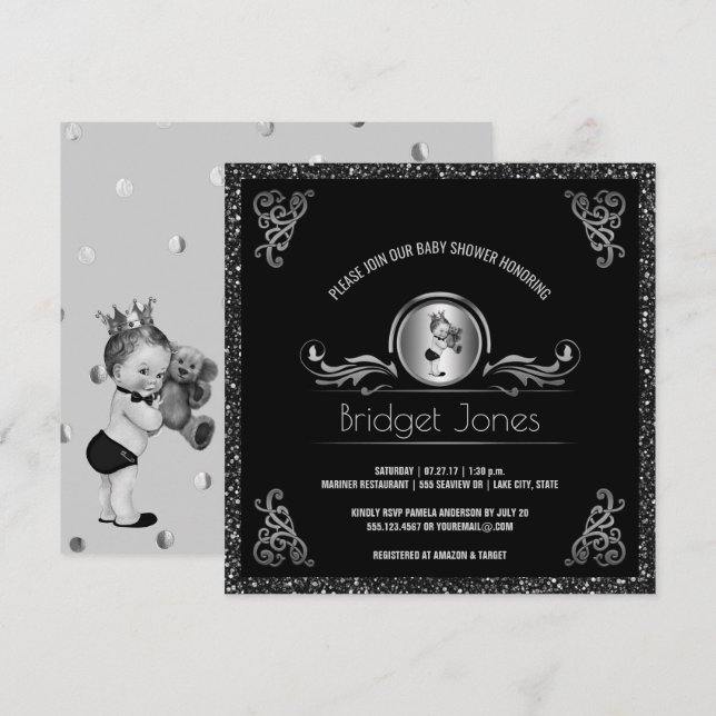 Prince Boy Baby Shower Black Silver Faux Glitter Invitation (Front/Back)