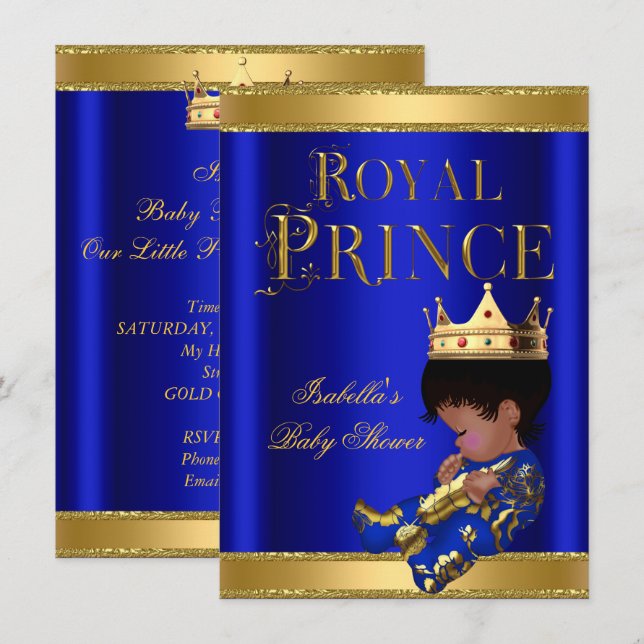 Prince Boy Baby Shower Blue Ethnic GOLD Invitation (Front/Back)