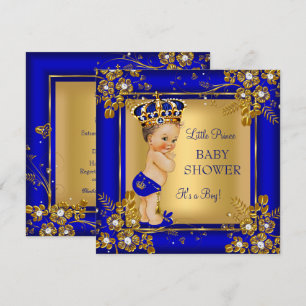 Prince Boy Baby Shower Gold Blue Brunette Invitation