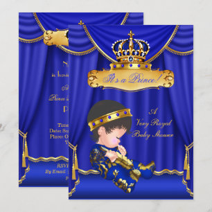 Prince Boy Baby Shower Royal Blue Drapes Brunette Invitation