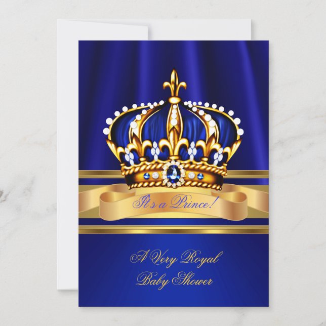 Prince Boy Baby Shower Royal Blue Gold Crown Invitation (Front)