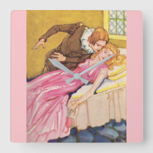 Prince Charming kissing Sleeping Beauty Square Wall Clock