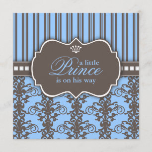 Prince Damask & Stripe Black & Blue Baby Shower Invitation